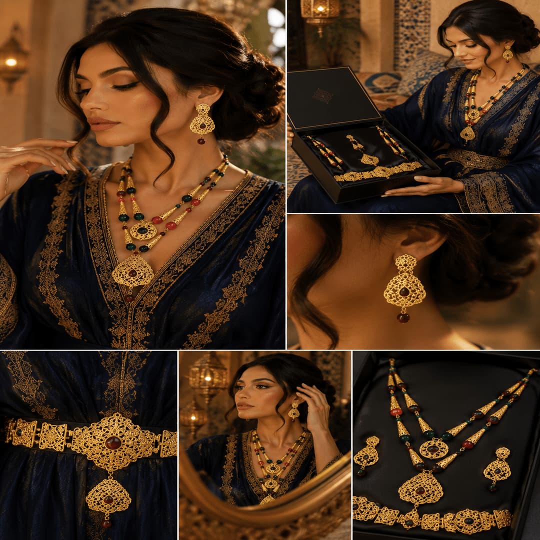 Collar andalusí Reina con detalles dorados estilo Alhambra - Conjunto de joyería árabe para novia y eventos formales