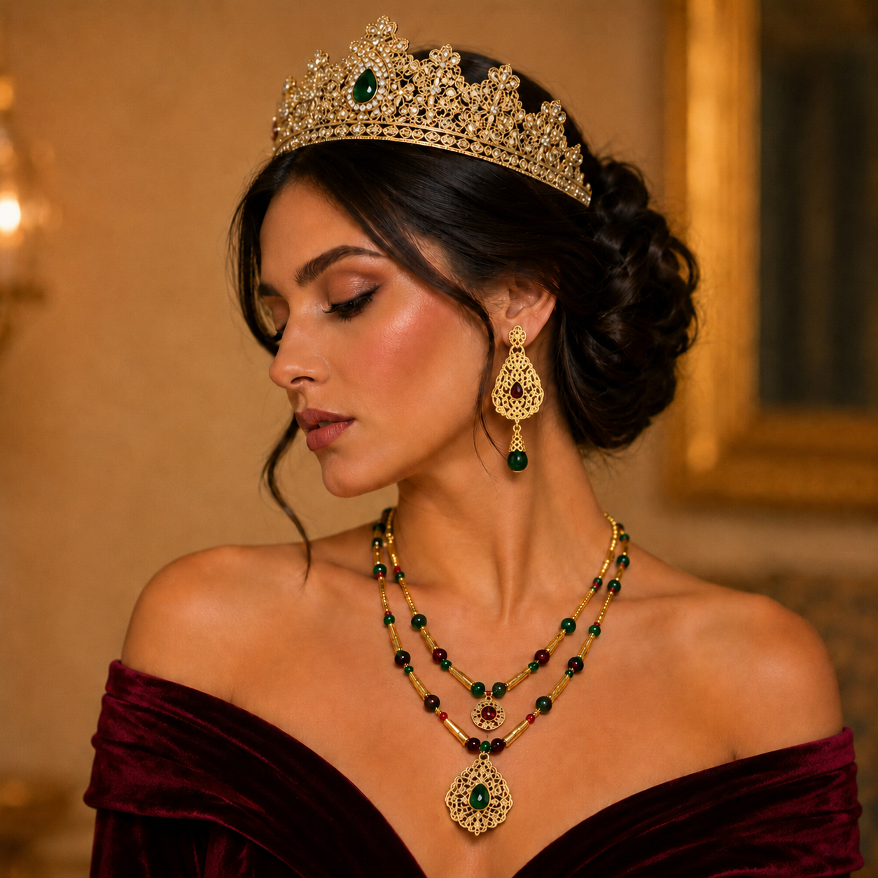 Pendientes largos Reina Andalusí - Joyería andalusí tradicional dorada con piedras para boda y caftán marroquí