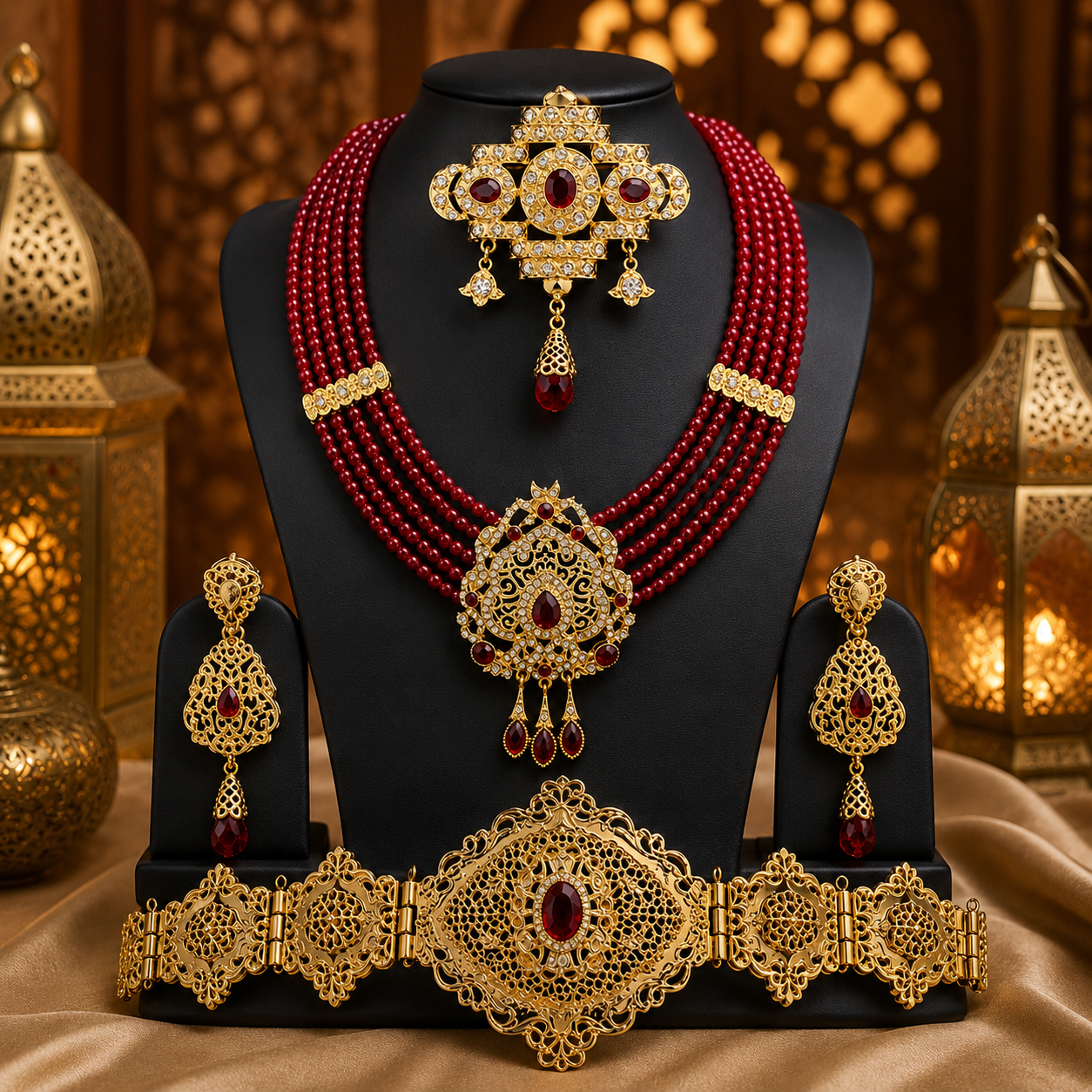 Conjunto completo Sultana Rubí Imperial - Pendientes, cinturón y broche dorados con piedras rojas para novia árabe