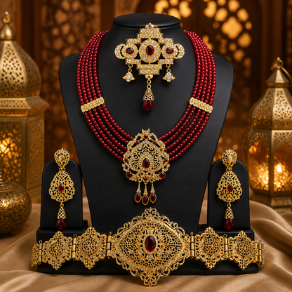 Conjunto completo Sultana Rubí Imperial - Pendientes, cinturón y broche dorados con piedras rojas para novia árabe