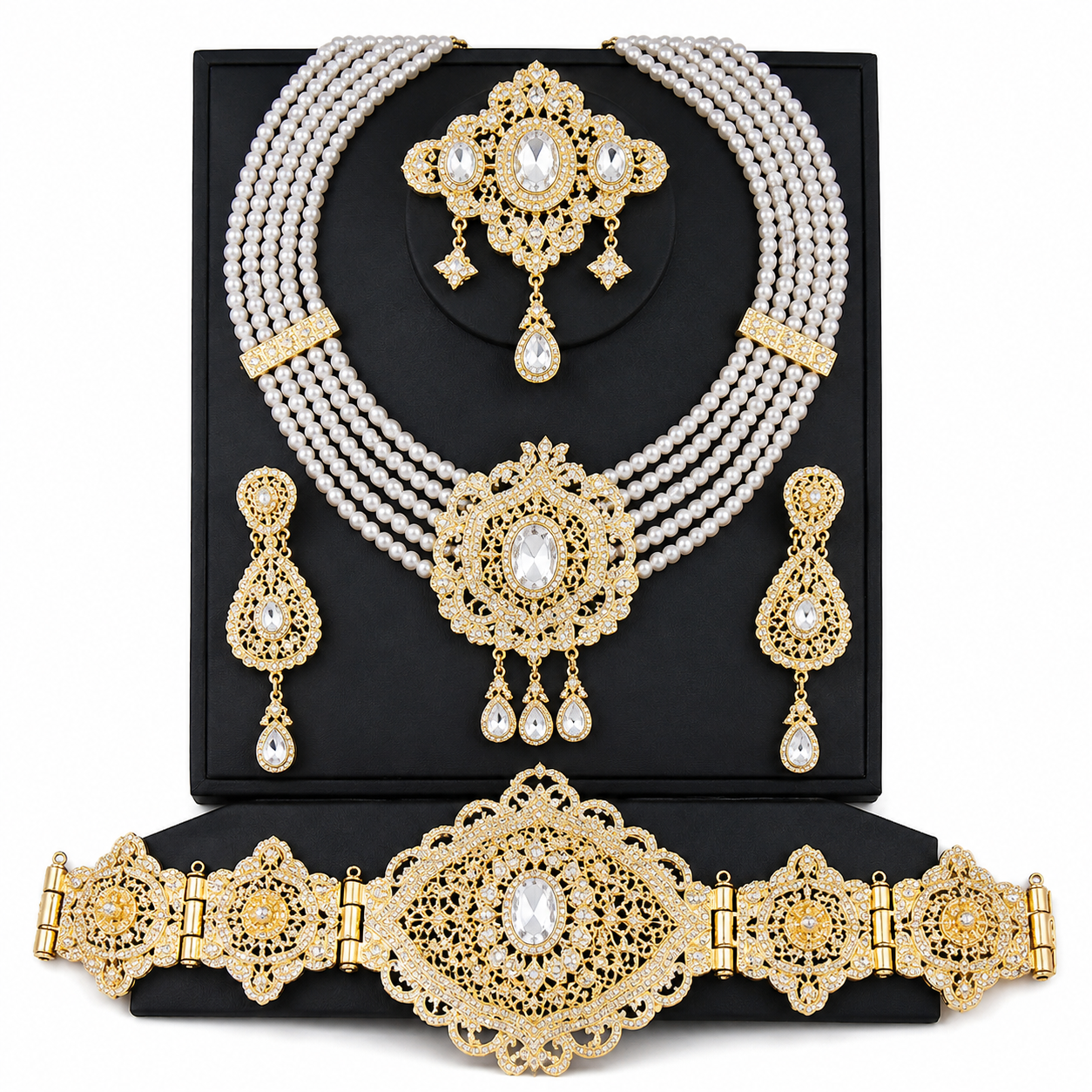 Conjunto de joyería árabe Sultana Perla Imperial - Collar multicapa con perlas blancas, pendientes, cinturón y broche dorados
