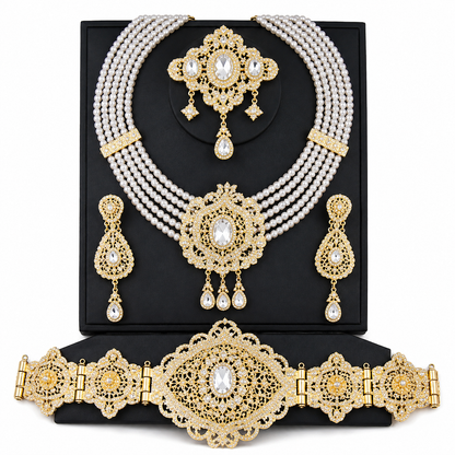 Conjunto de joyería árabe Sultana Perla Imperial - Collar multicapa con perlas blancas, pendientes, cinturón y broche dorados