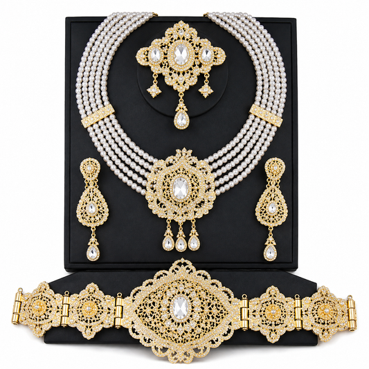 Conjunto de joyería árabe Sultana Perla Imperial - Collar multicapa con perlas blancas, pendientes, cinturón y broche dorados
