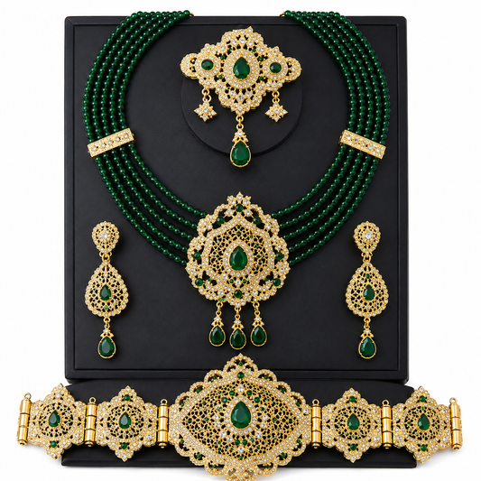 Conjunto Sultana Verde - joyería árabe verde esmeralda de 4 piezas para caftán y boda