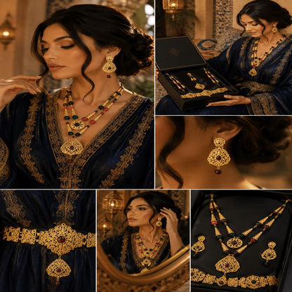 Collar andalusí Reina con detalles dorados estilo Alhambra - Conjunto de joyería árabe para novia y eventos formales