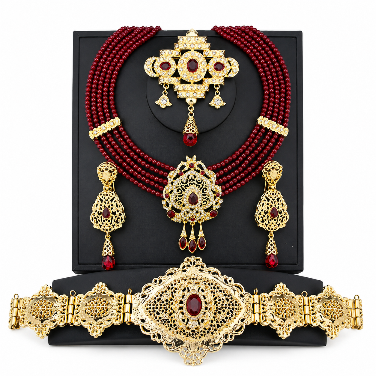 Conjunto de joyería árabe Sultana Rubí Imperial - Collar multicapa con piedras rojas, pendientes, cinturón y broche dorados para boda