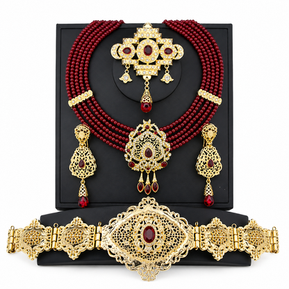 Conjunto de joyería árabe Sultana Rubí Imperial - Collar multicapa con piedras rojas, pendientes, cinturón y broche dorados para boda