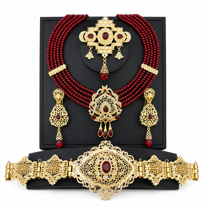 Conjunto Joyería Árabe Sultana Rubí Imperial – Collar con Piedras Rojas para Boda y Caftán