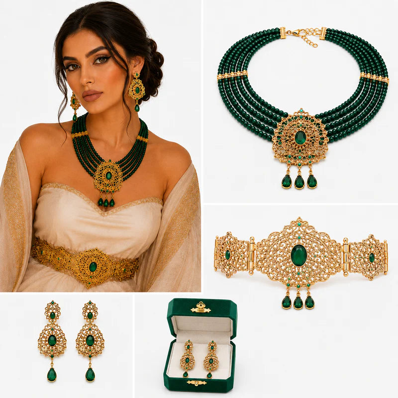 Conjunto de joyería árabe Sultana Verde - Collar multicapa dorado con piedras verdes esmeralda y pendientes a juego para boda y caftán