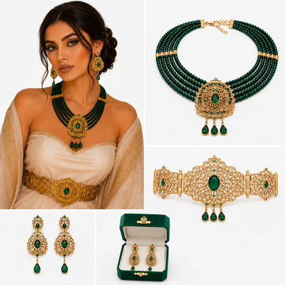 Conjunto de joyería árabe Sultana Verde - Collar multicapa dorado con piedras verdes esmeralda y pendientes a juego para boda y caftán