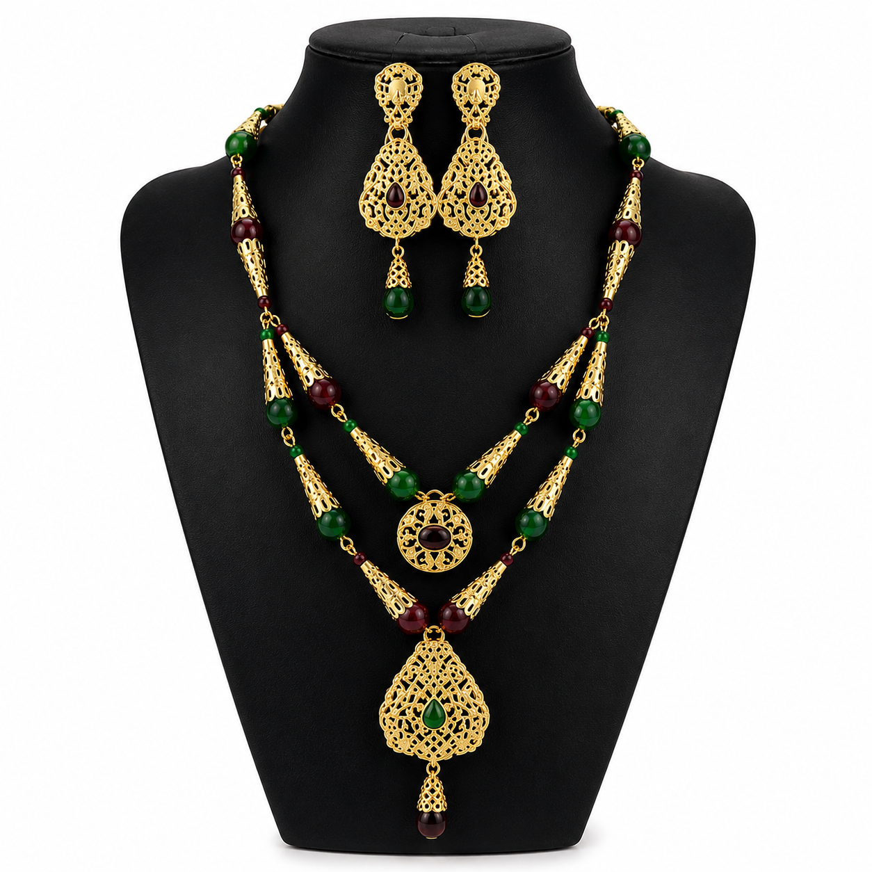 Conjunto de joyería árabe Reina Andalusí - Collar multicapa dorado con piedras verdes y granates inspirado en La Alhambra