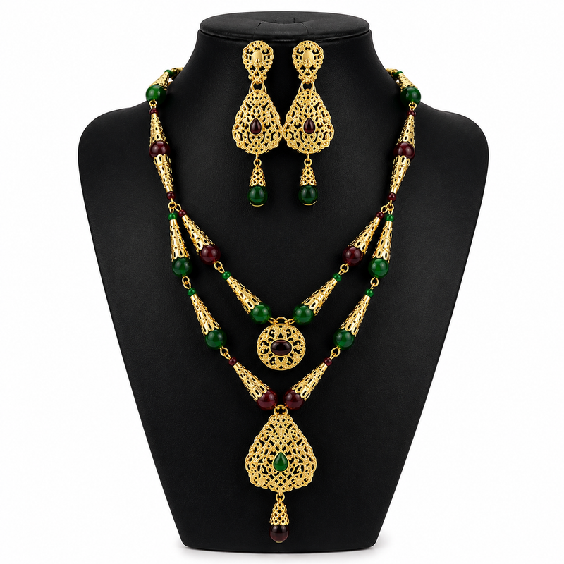 Conjunto Joyería Árabe Reina Andalusí – Collar y Pendientes Largos para Boda y Caftán
