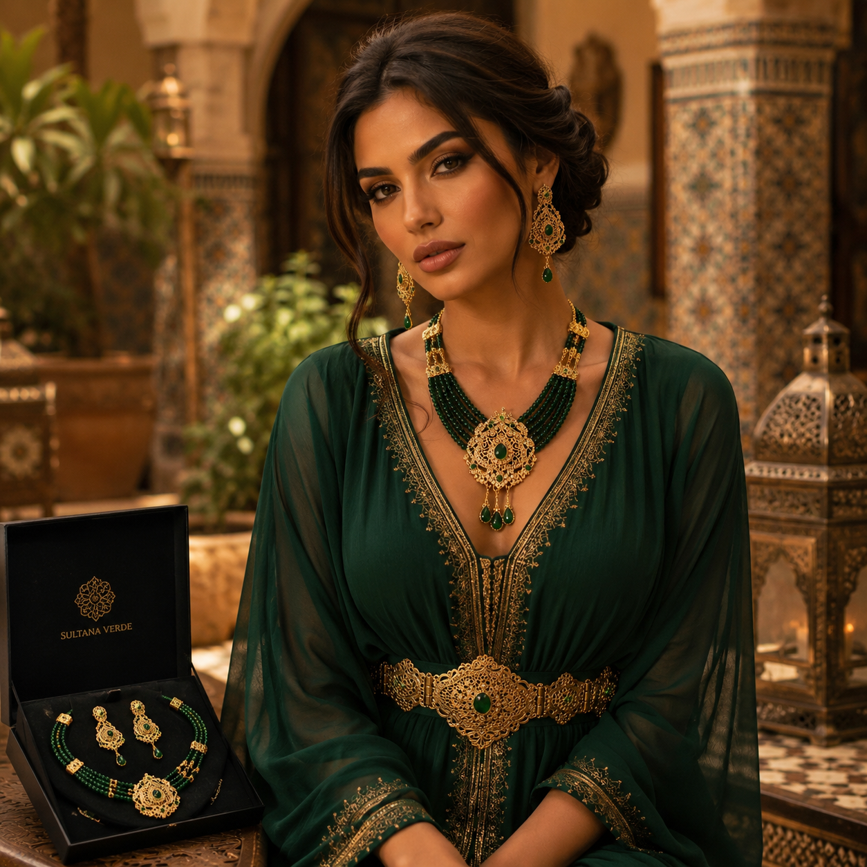 Pendientes árabes Sultana Verde a juego con collar - Joyería oriental para novia y caftán