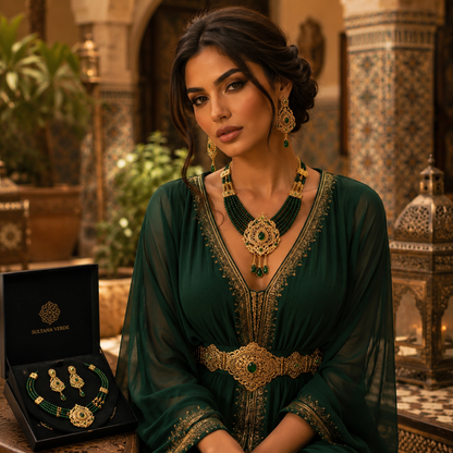 Pendientes árabes Sultana Verde a juego con collar - Joyería oriental para novia y caftán