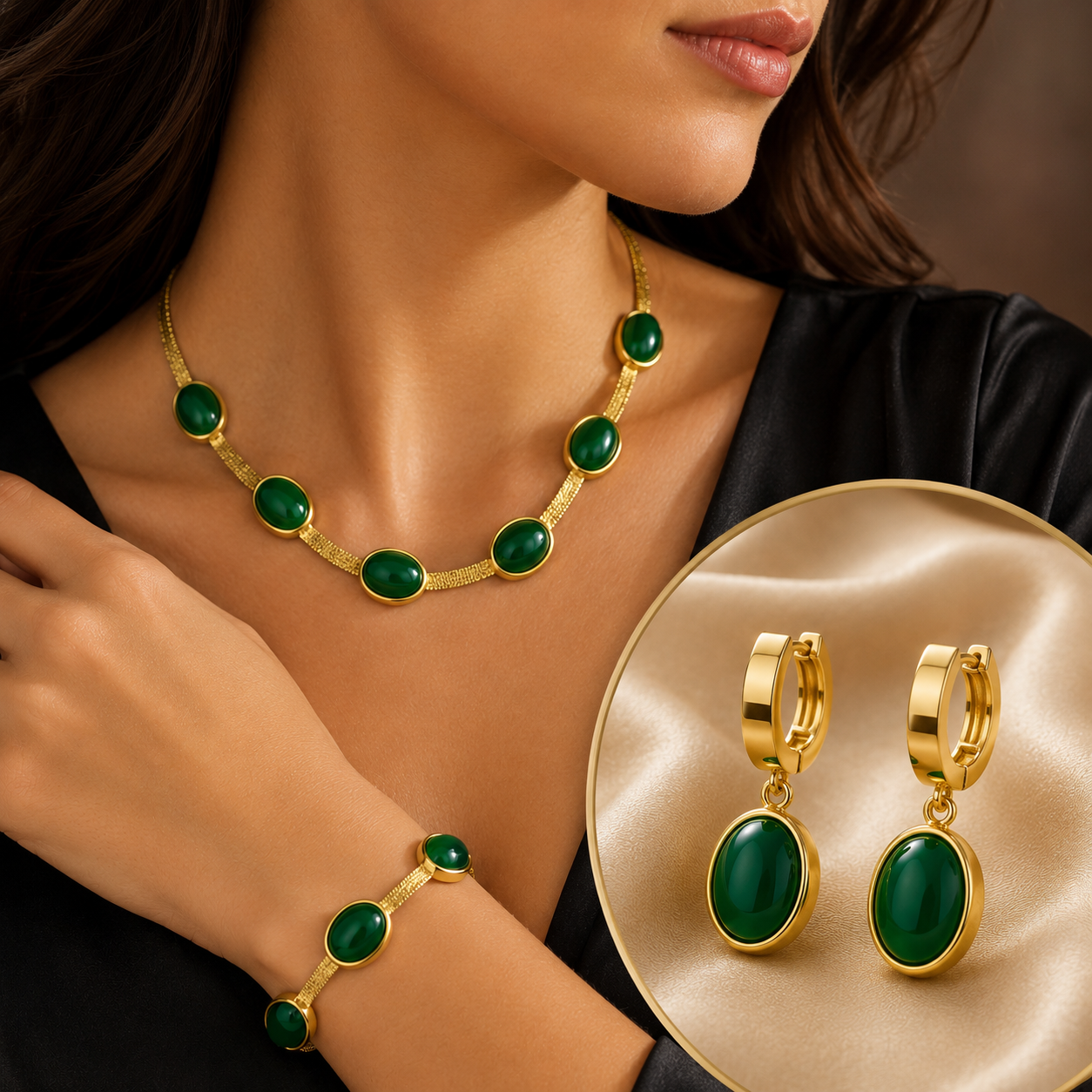 Conjunto de joyería árabe Esmeralda Imperial - Collar, pendientes y pulsera dorados con piedras verde esmeralda para boda y caftán