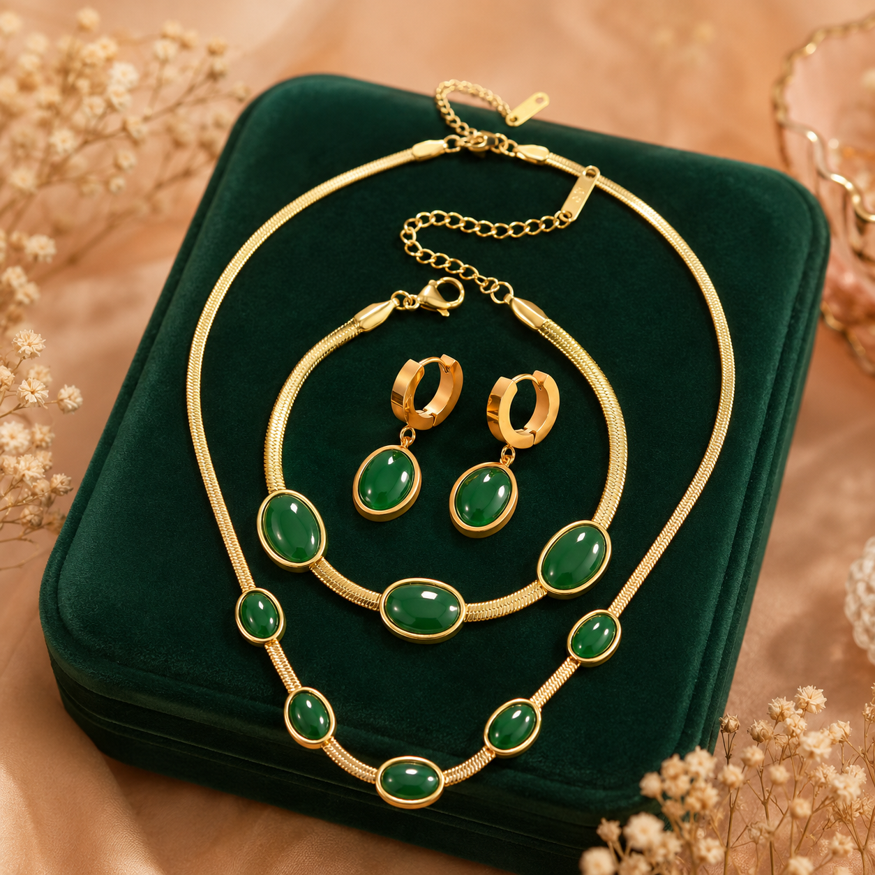 Conjunto Esmeralda Imperial de 3 piezas - Collar, pendientes y pulsera a juego con baño de oro para caftán verde
