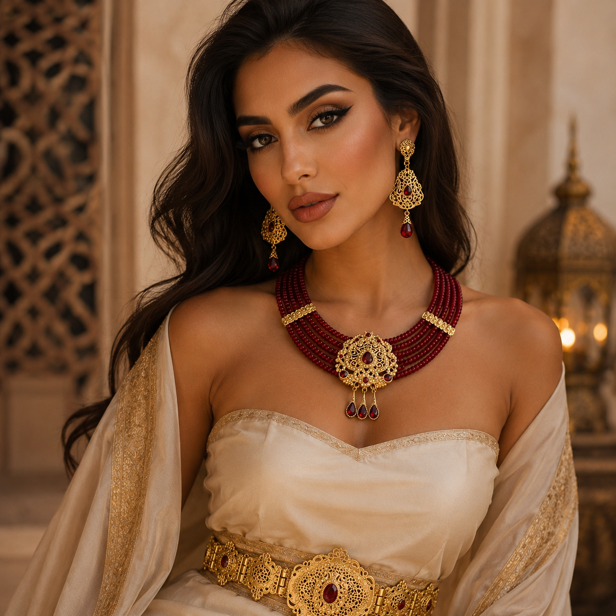 Collar árabe Sultana Rubí con piedras rojas rubí - Detalle del colgante dorado estilo imperial para caftán y boda árabe